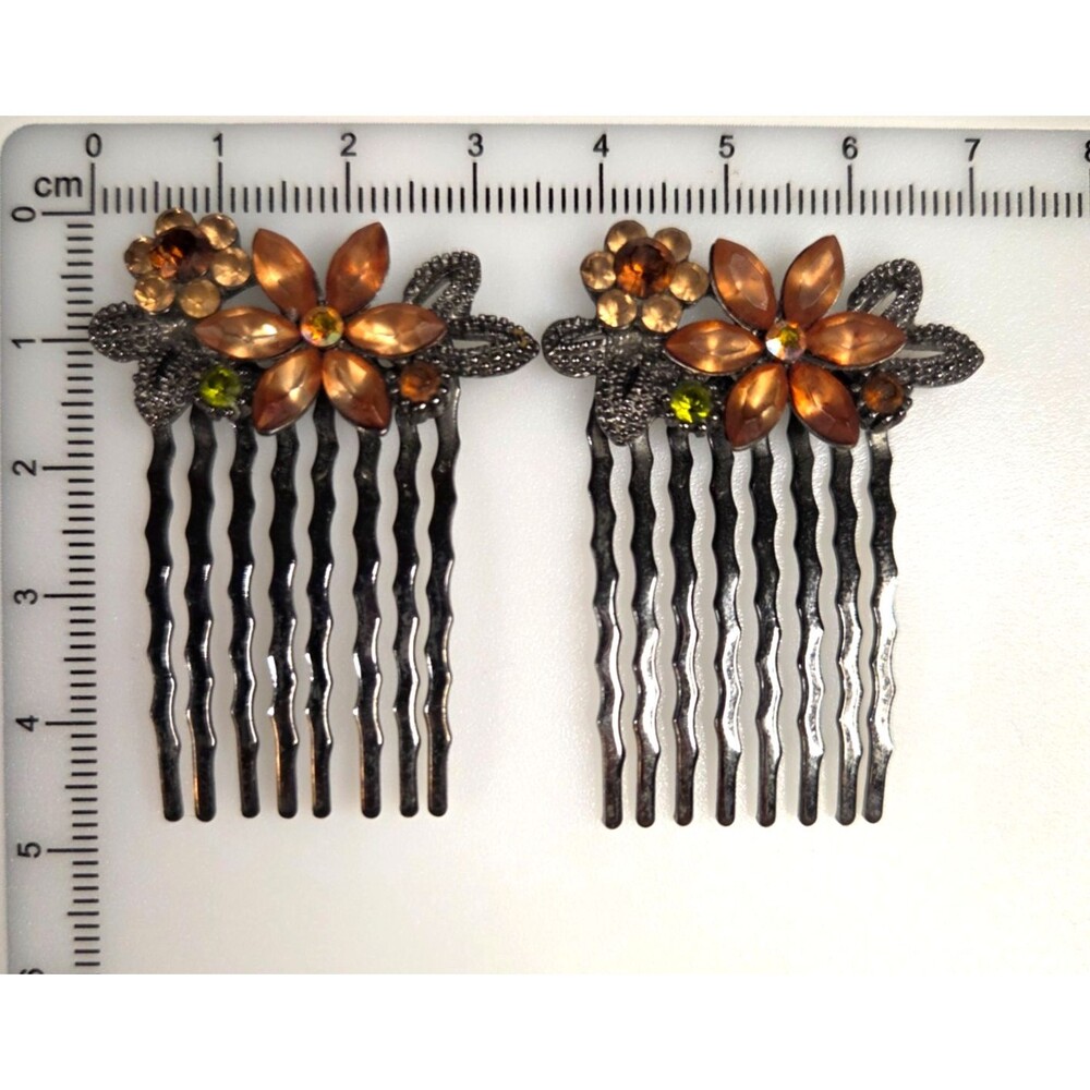 Euphoria Collection Frosted Flowers Hair Comb Pair Amber Floral Rhinestone